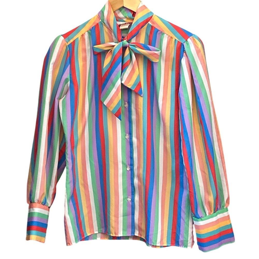 Vintage Laura Mae Rainbow Stripe Blouse Bow Neck Retro Maximalist 70s 80s